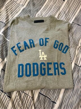 Fear of God Gray Dodgers Logo Short Sleeve Tee with Blue Lettering